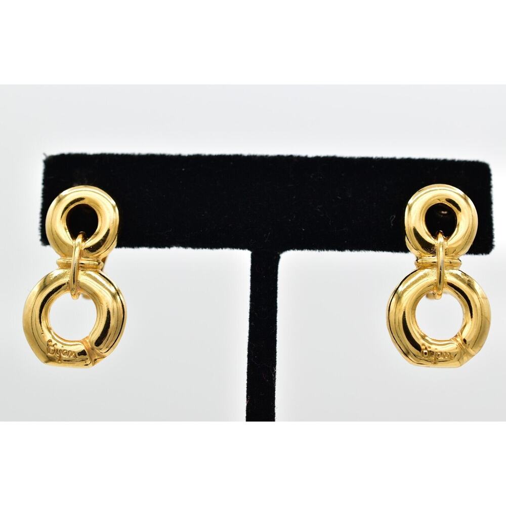 Bijan Vintage Clip On Earrings Chunky Gold Dangle Door Knocker Signed 1980s 9L